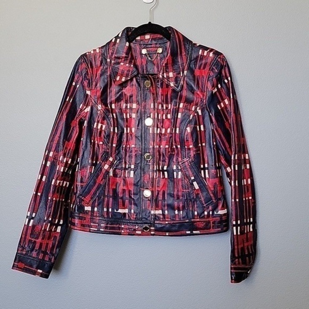 Tory Burch RARE Allover Painted Plaid NWT Buttery Leather Crop Jacket Large Blue